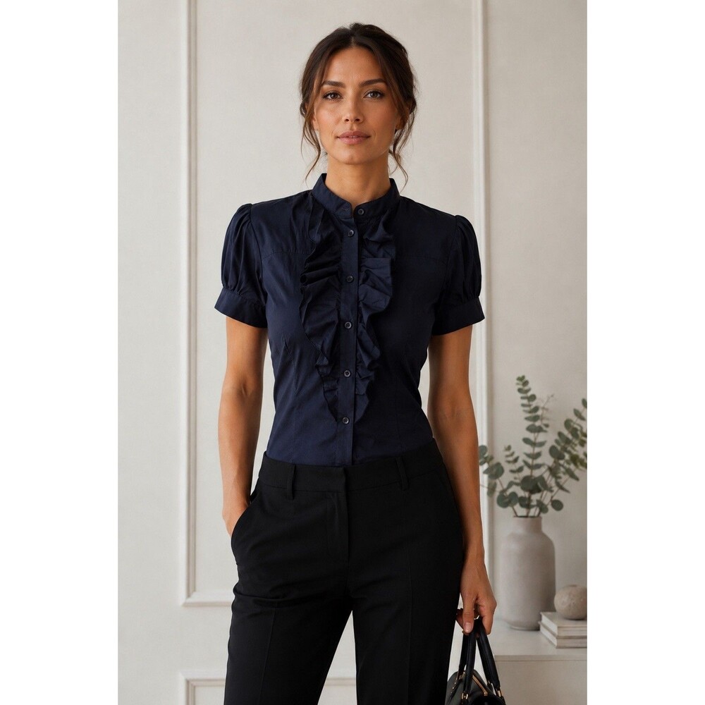 Talula Babaton Ruffle Front Navy  Button Up Blouse Size Small Work Career